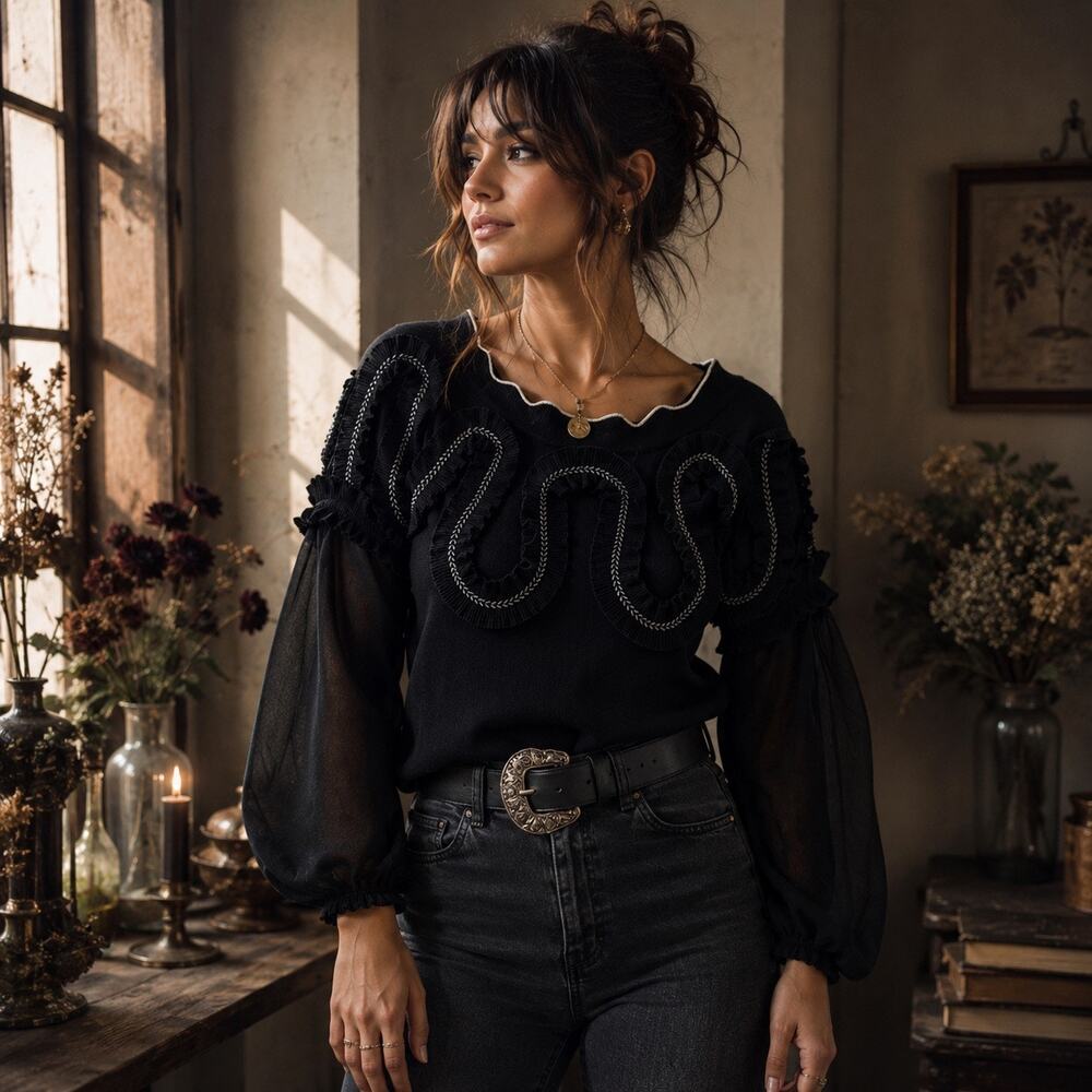 Beulah Black Ruffle Knit Top Sheer Balloon Sleeve Scallop Neck S